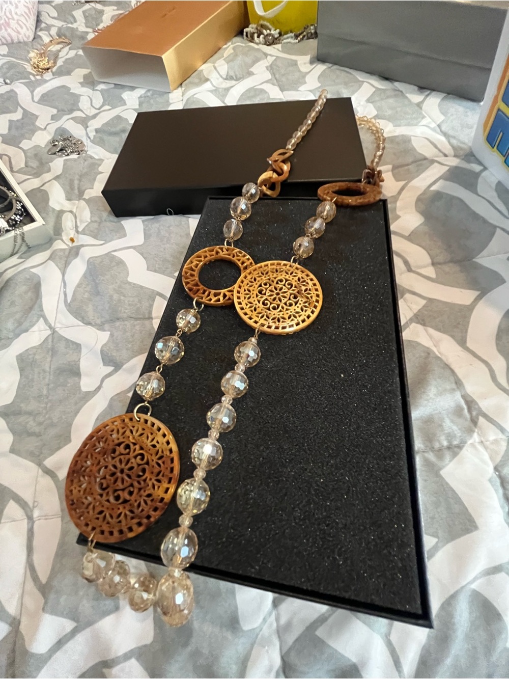 Bohemian Filigree Pendant Bead Necklace - Brown and Clear